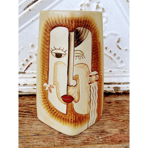 Vintage MCM Picasso Style Two Sided Vase Split Face And Tribal Women Rowing Boat - Picture 13 of 13